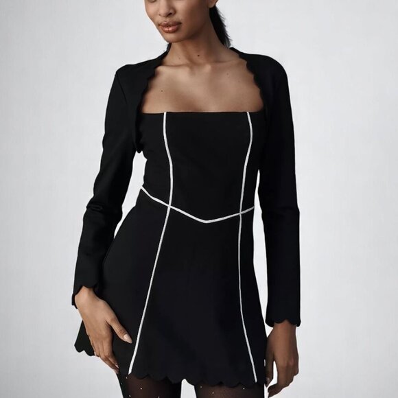 Athropologie Maeve Square-Neck Scalloped Hem Long-Sleeve Mini Dress Large - Picture 1 of 14